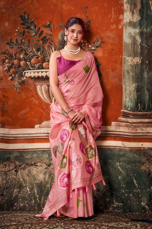Pink Floral Woven Cotton Saree (ACB1380)