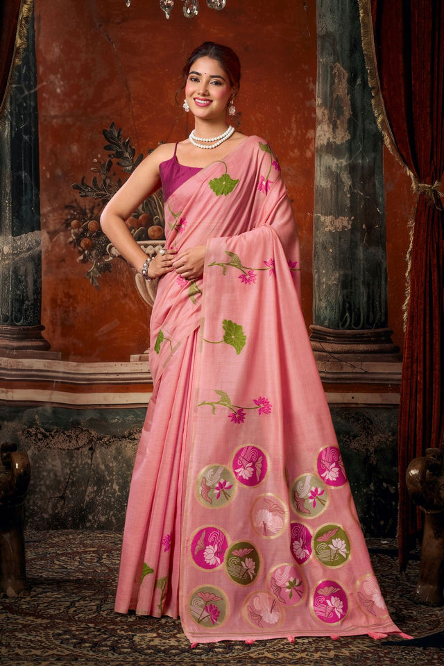 Pink Floral Woven Cotton Saree (ACB1380)