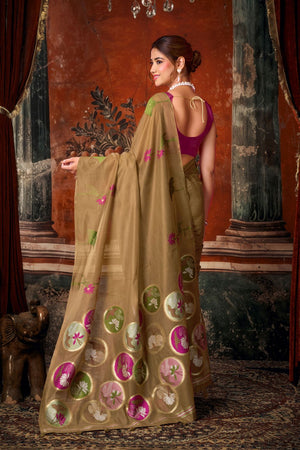 Brown Floral Woven Cotton Saree (ACB1381)