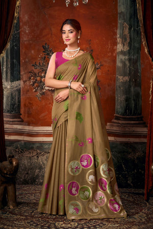 Brown Floral Woven Cotton Saree (ACB1381)