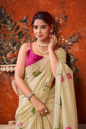 Beige Floral Woven Cotton Saree (ACB1382)