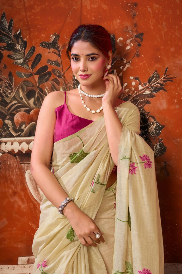 Beige Floral Woven Cotton Saree (ACB1382)