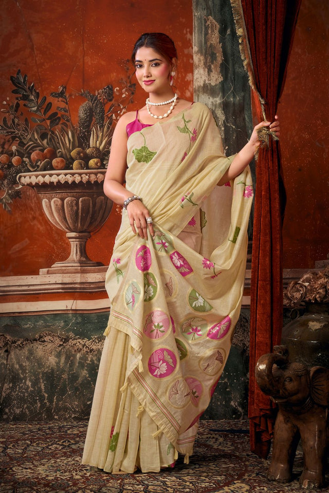 Beige Floral Woven Cotton Saree (ACB1382)