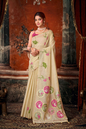Beige Floral Woven Cotton Saree (ACB1382)