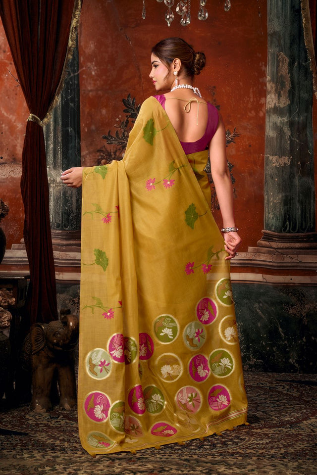 Mustard Floral Woven Cotton Saree (ACB1383)