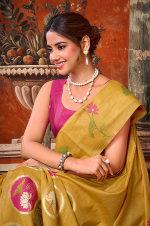 Mustard Floral Woven Cotton Saree (ACB1383)