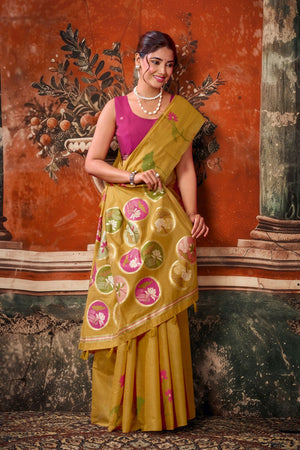 Mustard Floral Woven Cotton Saree (ACB1383)
