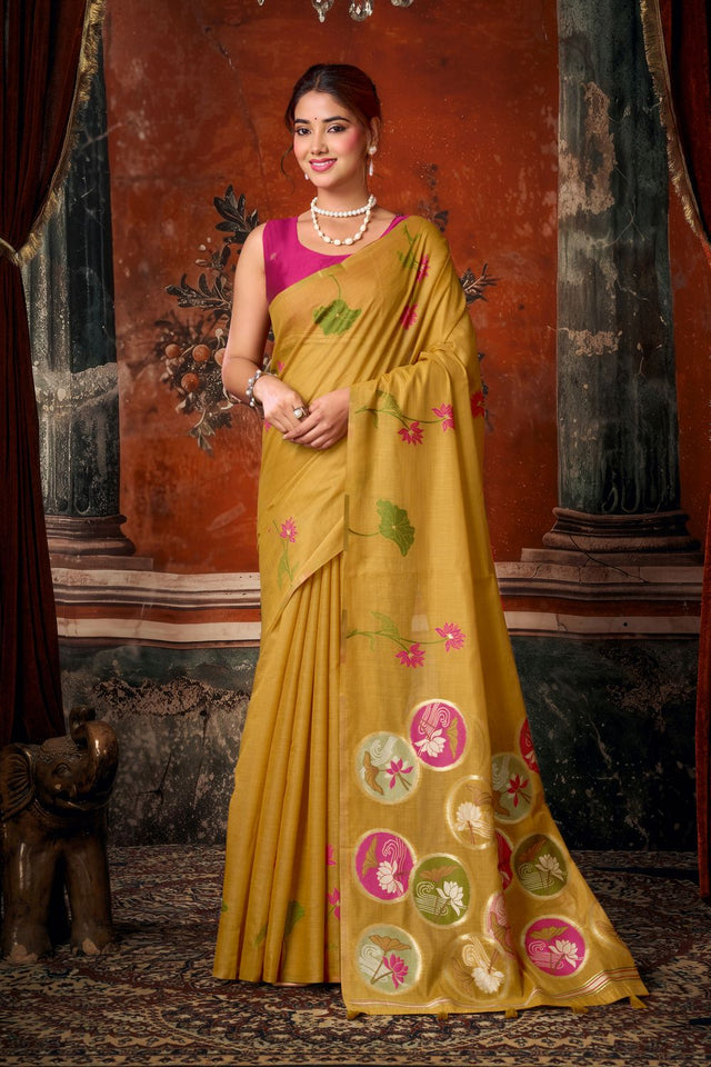 Mustard Floral Woven Cotton Saree (ACB1383)
