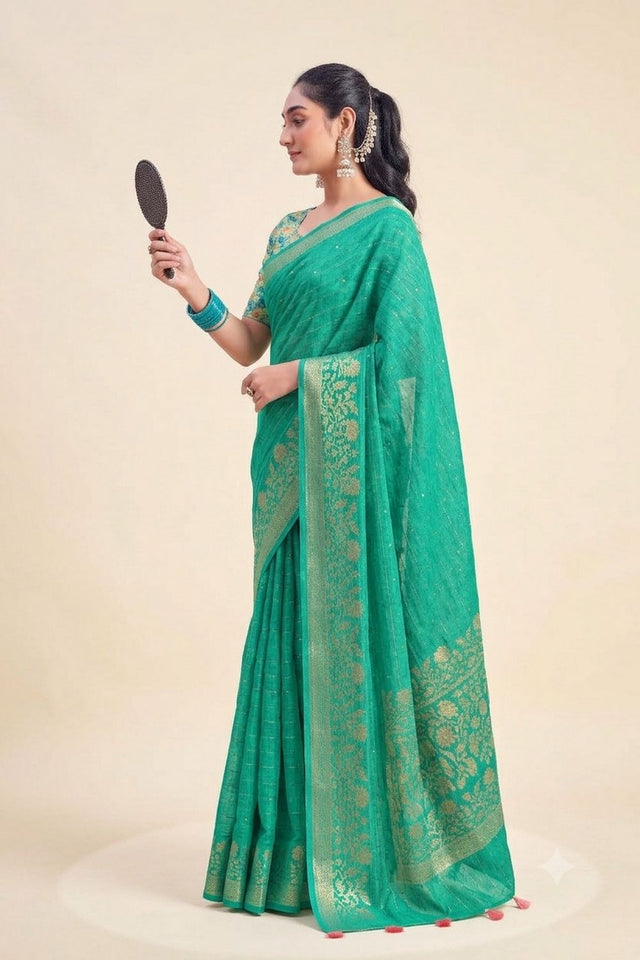 Sea Green Woven Chiffon Saree (ACB1384)