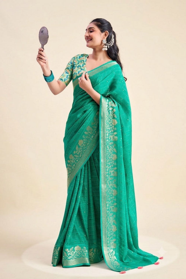 Sea Green Woven Chiffon Saree (ACB1384)