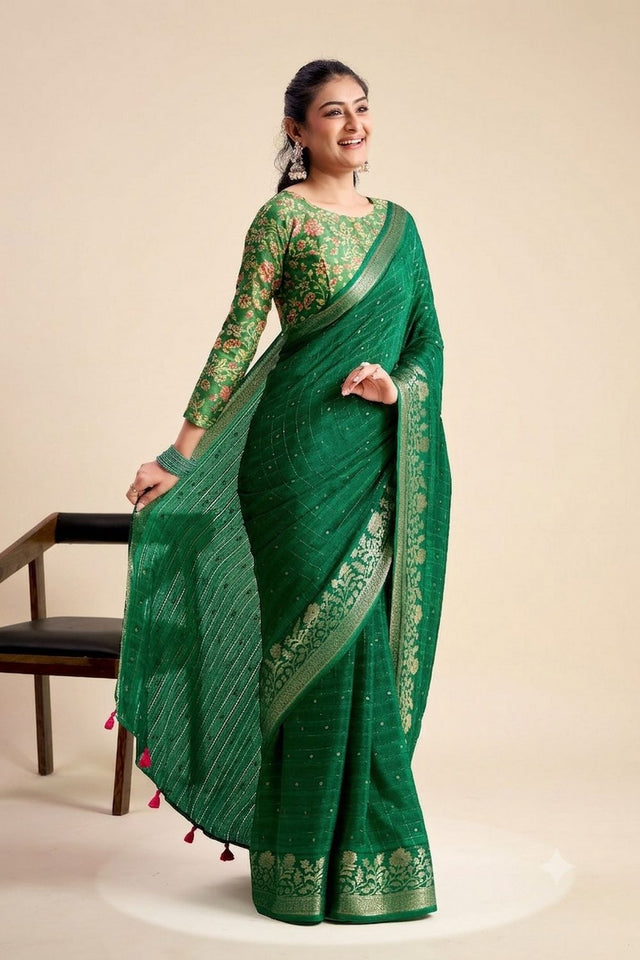 Green Woven Chiffon Saree (ACB1385)