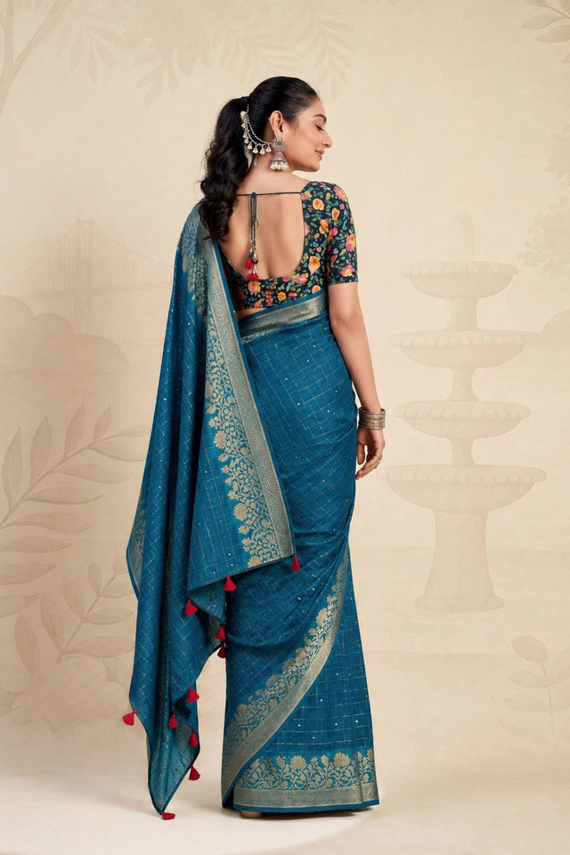 Turquoise Woven Chiffon Saree (ACB1389)
