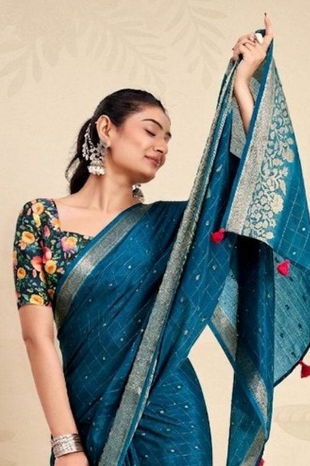 Turquoise Woven Chiffon Saree (ACB1389)