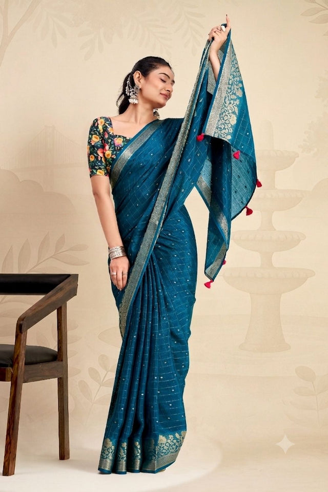 Turquoise Woven Chiffon Saree (ACB1389)