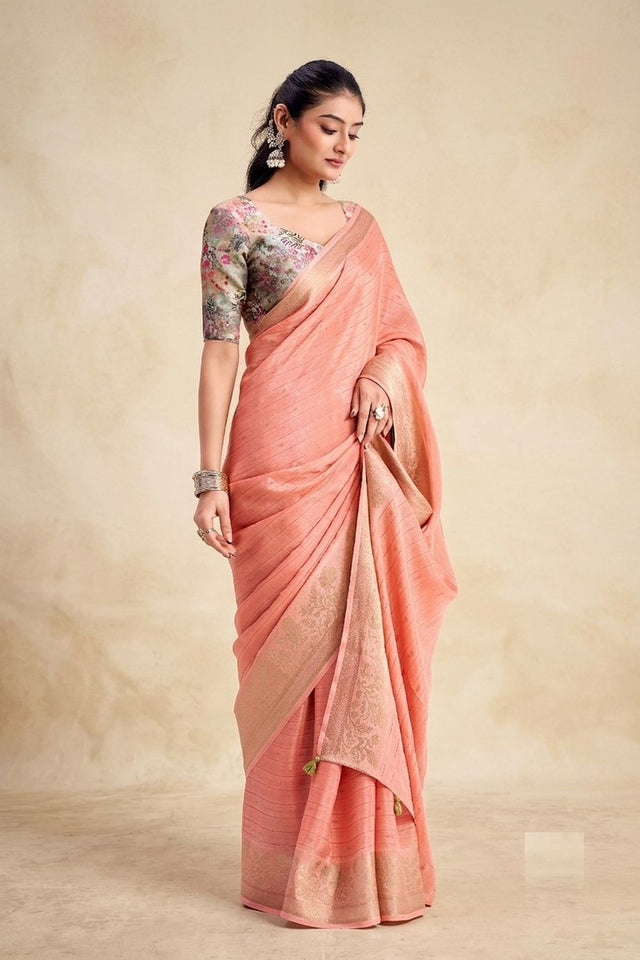 Peach Woven Chiffon Saree (ACB1391)