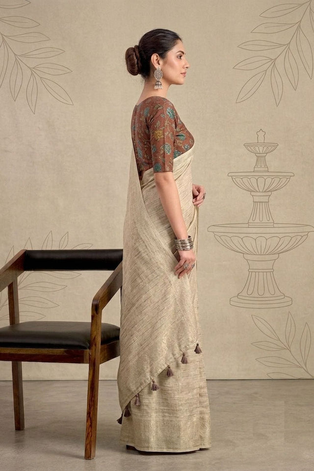 Beige Woven Chiffon Saree (ACB1392)