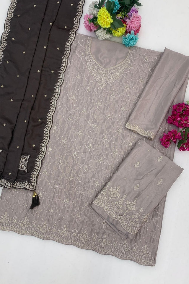 Grey Sequin with Embroidered Chinon Sharara Suit (ACB1394)