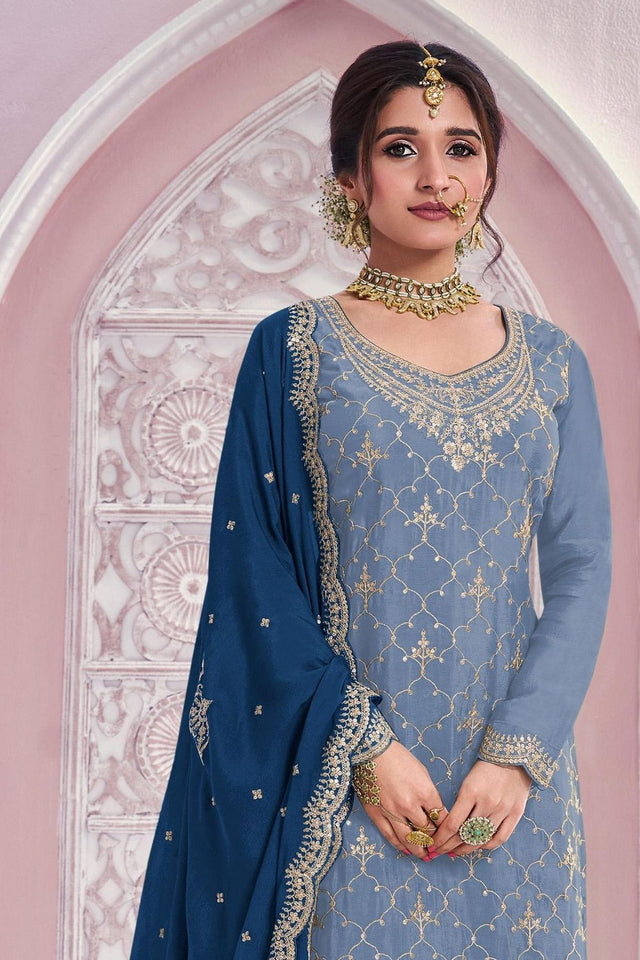 Blue Sequin with Embroidered Chinon Sharara Suit (ACB1396)