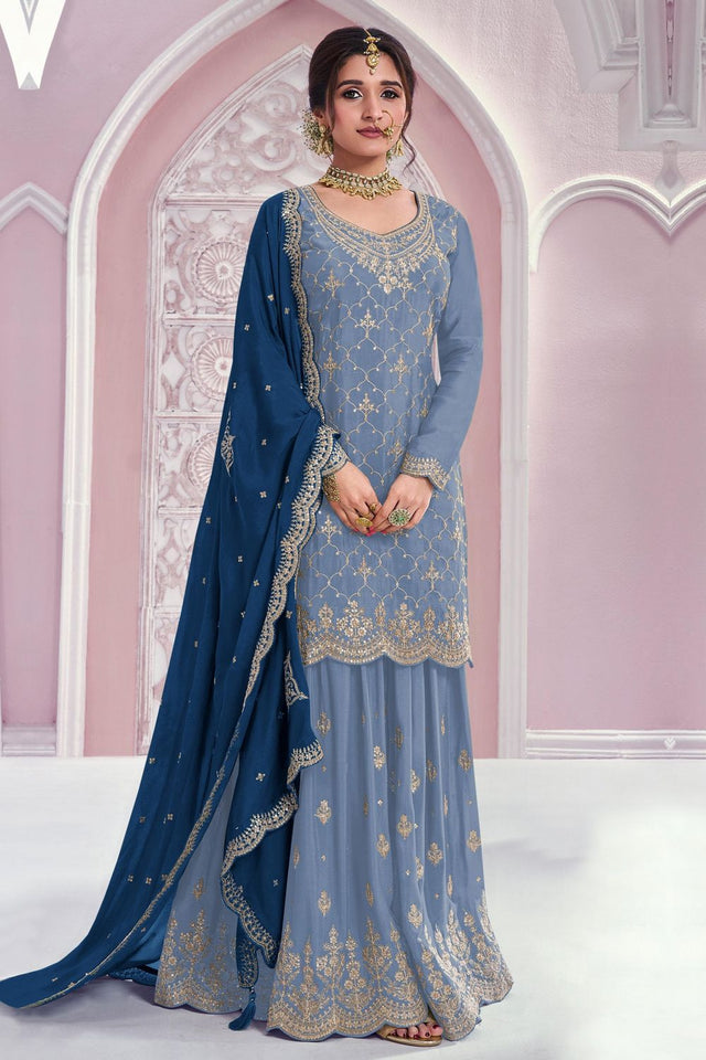 Blue Sequin with Embroidered Chinon Sharara Suit (ACB1396)