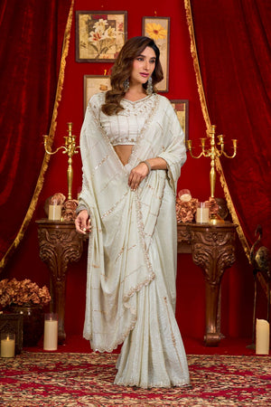 Off White Sequin with Embellished Silk Saree (ACB1402)