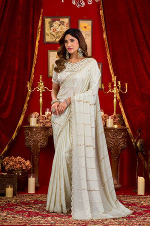 Off White Sequin with Embellished Silk Saree (ACB1402)