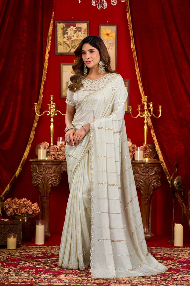 Off White Sequin with Embellished Silk Saree (ACB1402)