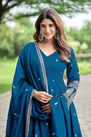 Blue Sequin with Floral Embroidered Art Silk Gown (ACB1403)