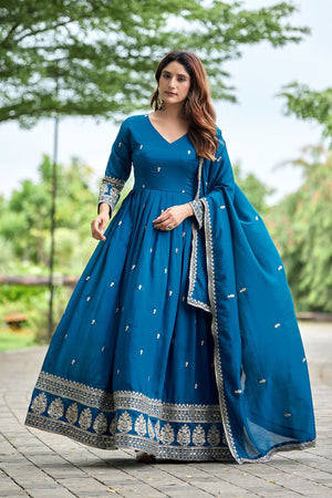 Blue Sequin with Floral Embroidered Art Silk Gown (ACB1403)