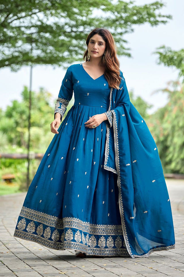 Blue Sequin with Floral Embroidered Art Silk Gown (ACB1403)