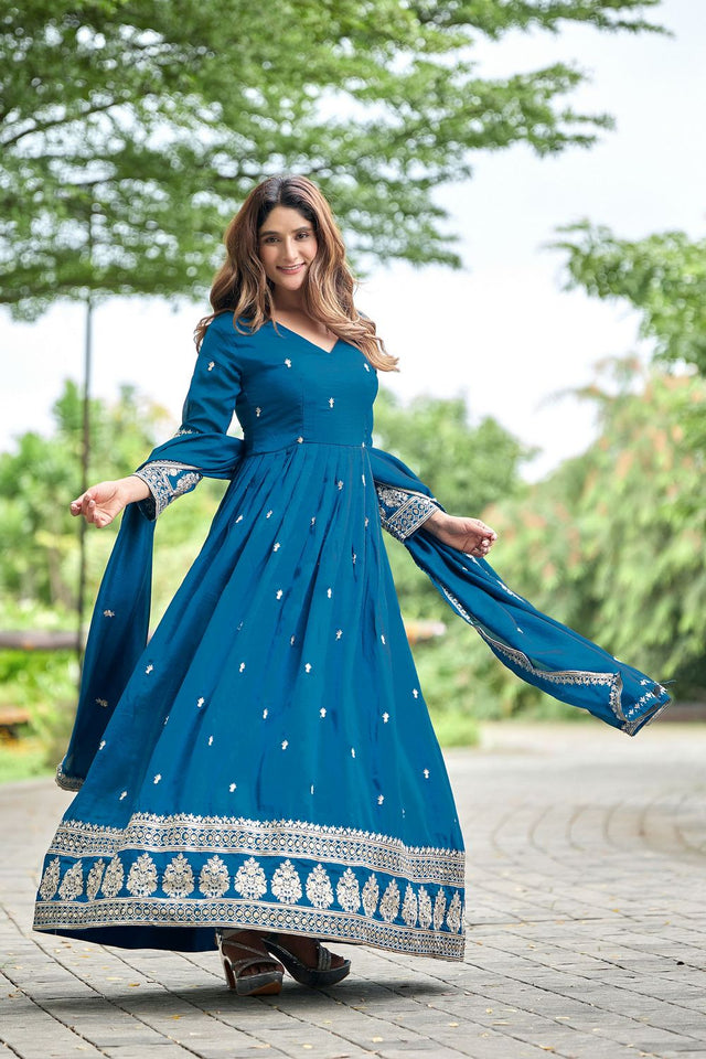 Blue Sequin with Floral Embroidered Art Silk Gown (ACB1403)