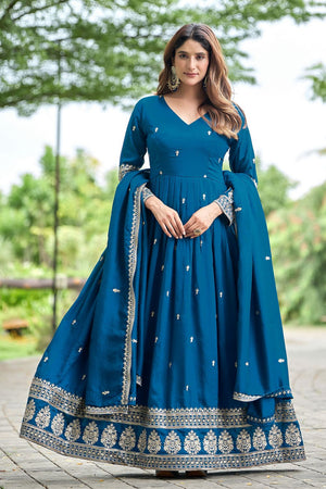 Blue Sequin with Floral Embroidered Art Silk Gown (ACB1403)