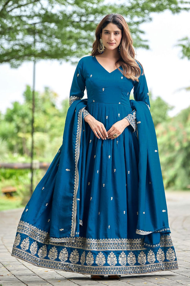 Blue Sequin with Floral Embroidered Art Silk Gown (ACB1403)