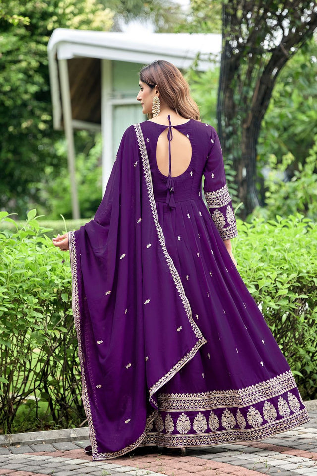 Purple Sequin with Floral Embroidered Art Silk Gown (ACB1404)