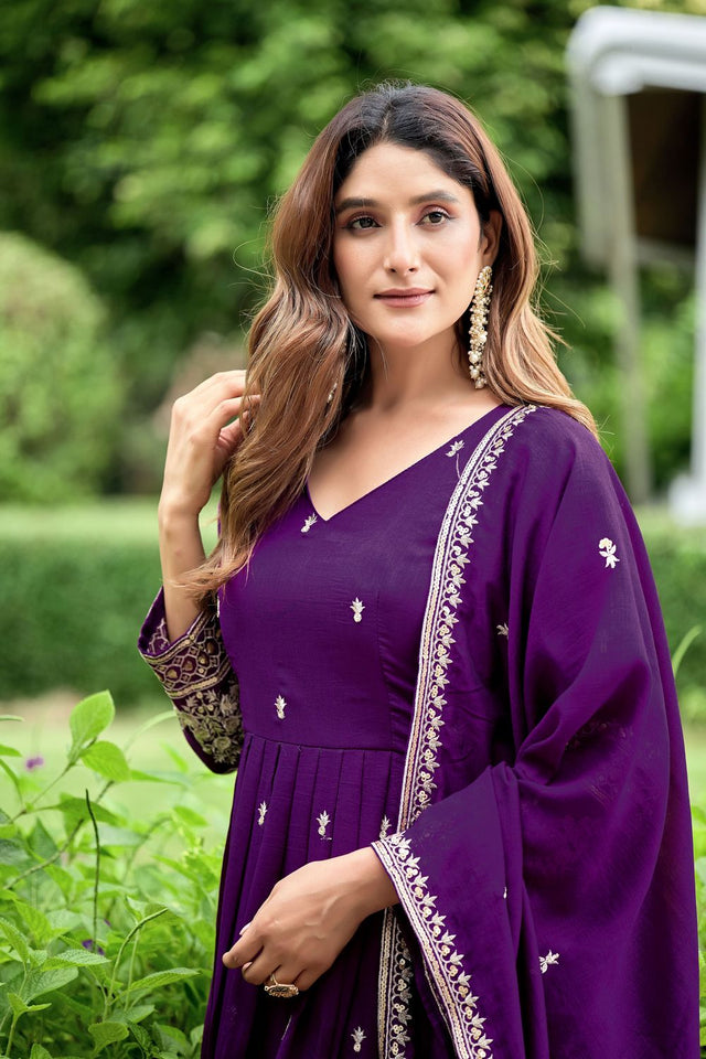 Purple Sequin with Floral Embroidered Art Silk Gown (ACB1404)
