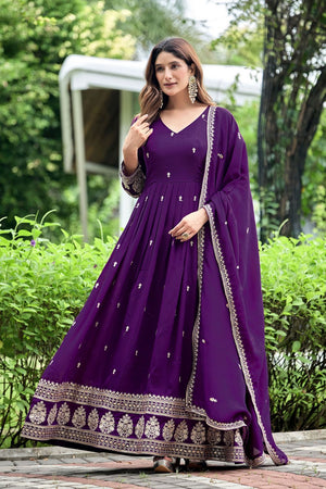 Purple Sequin with Floral Embroidered Art Silk Gown (ACB1404)