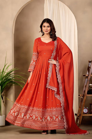 Rust Sequin with Floral Embroidered Art Silk Gown (ACB1405)
