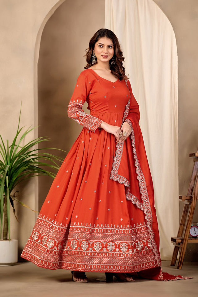 Rust Sequin with Floral Embroidered Art Silk Gown (ACB1405)