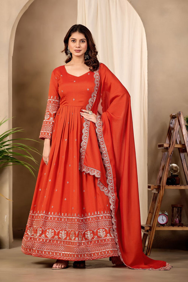 Rust Sequin with Floral Embroidered Art Silk Gown (ACB1405)