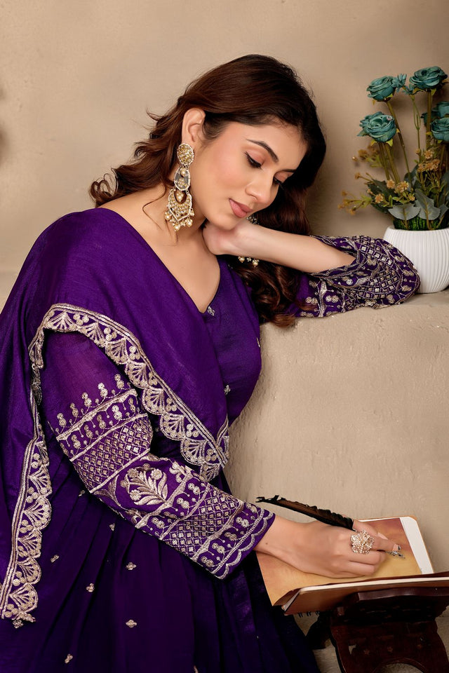 Purple Sequin with Floral Embroidered Art Silk Gown (ACB1406)