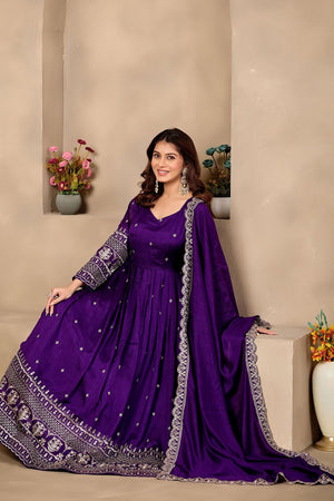 Purple Sequin with Floral Embroidered Art Silk Gown (ACB1406)