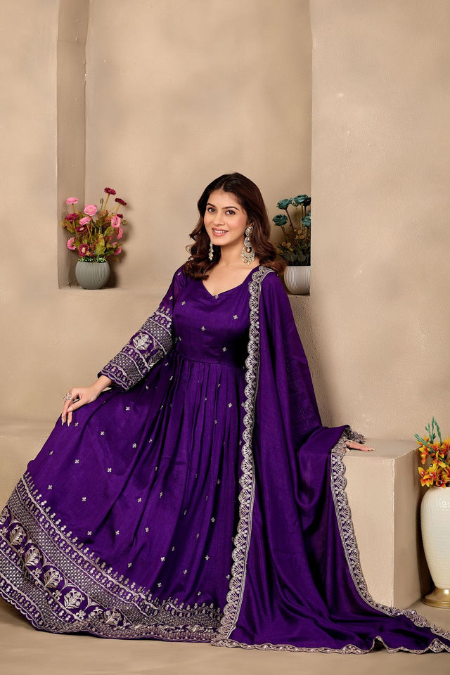 Purple Sequin with Floral Embroidered Art Silk Gown (ACB1406)