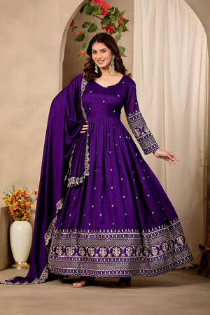 Purple Sequin with Floral Embroidered Art Silk Gown (ACB1406)