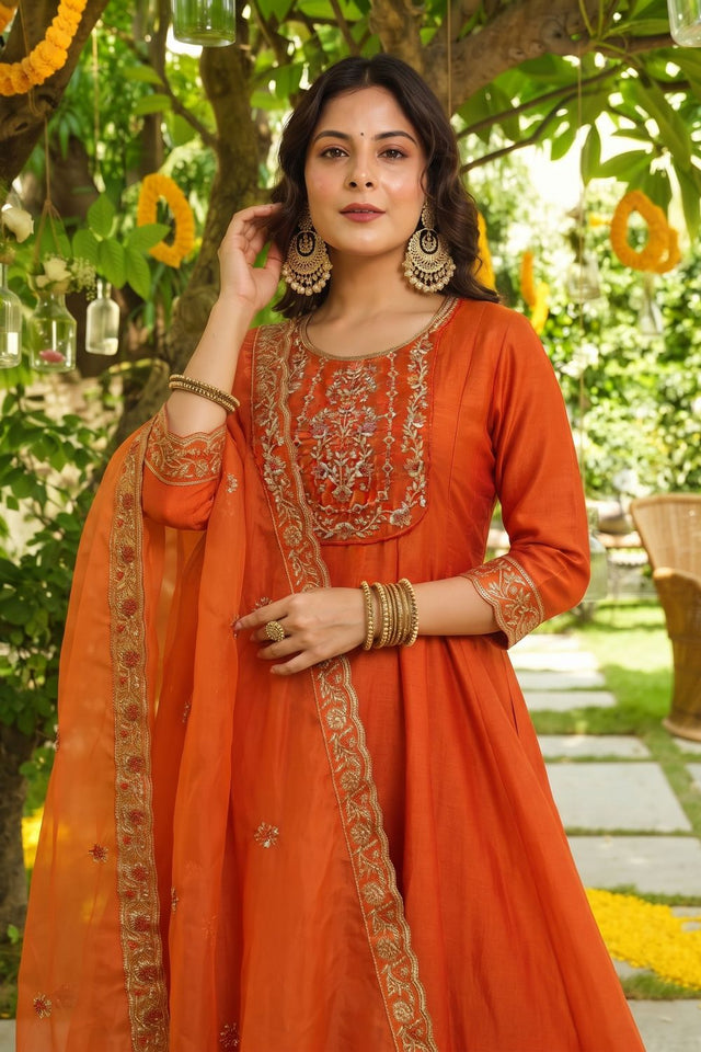 Orange Floral Embroidered Silk Anarkali Suit (ACB1407)