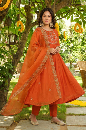 Orange Floral Embroidered Silk Anarkali Suit (ACB1407)