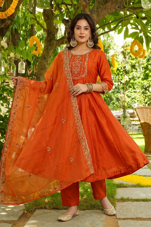 Orange Floral Embroidered Silk Anarkali Suit (ACB1407)