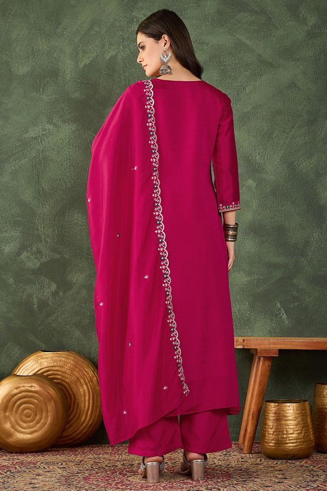 Pink Floral Embroidered Silk Straight Cut Suit (ACB1409)