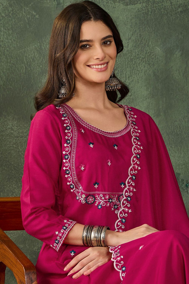 Pink Floral Embroidered Silk Straight Cut Suit (ACB1409)