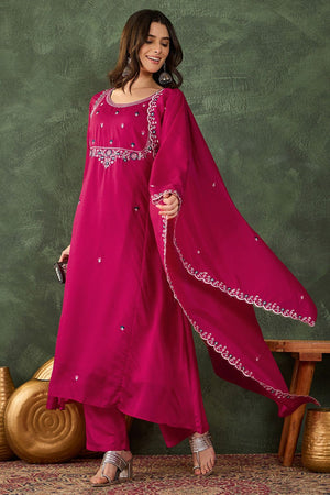 Pink Floral Embroidered Silk Straight Cut Suit (ACB1409)