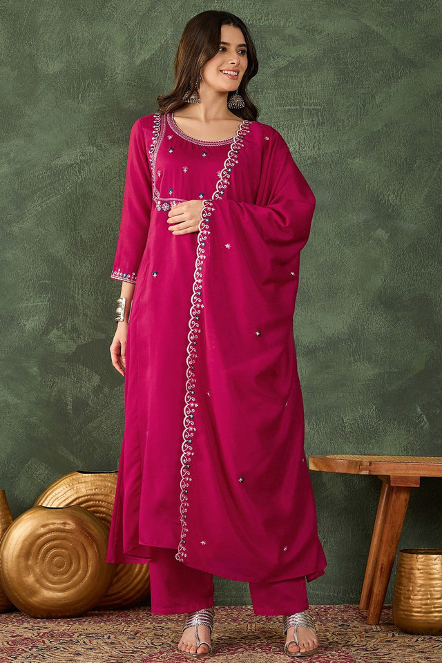 Pink Floral Embroidered Silk Straight Cut Suit (ACB1409)