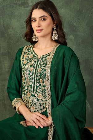 Green Floral Embroidered Silk Straight Cut Suit (ACB1410)